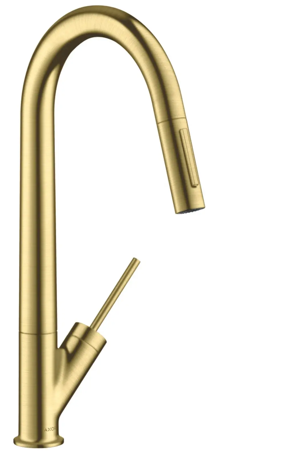 Einhebel-Küchenmischer mit Ausziehbrause in gebürstetem Messing. Hersteller: AXOR. Krümmung und Schwenkauslauf sichtbar. Hebel zur Wasserregulierung an der Seite.